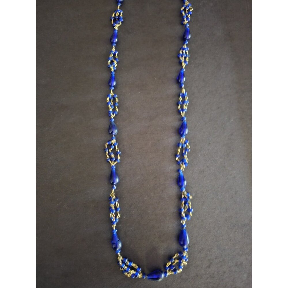 Vintage Necklace Brass blue lapiz Beads Blue - Picture 2 of 4